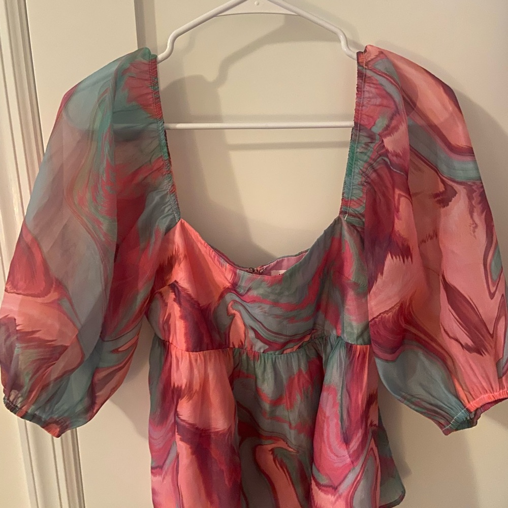 Amanda Uprichard Pink and Blue Puff Sleeve Ruffled Blouse
